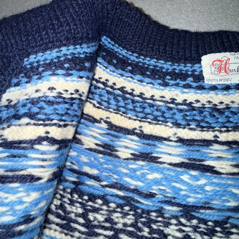 Vintage Norwegian Hand Knit Wool Cardigan Fair Isle Nordic Blue Button Front Wom - Picture 7 of 11